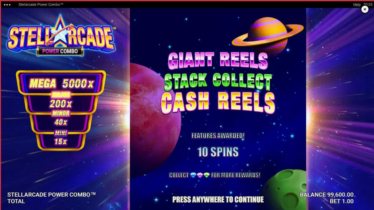 Tampilan visual slot Stellarcade Power Combo dengan nuansa neon ruang angkasa