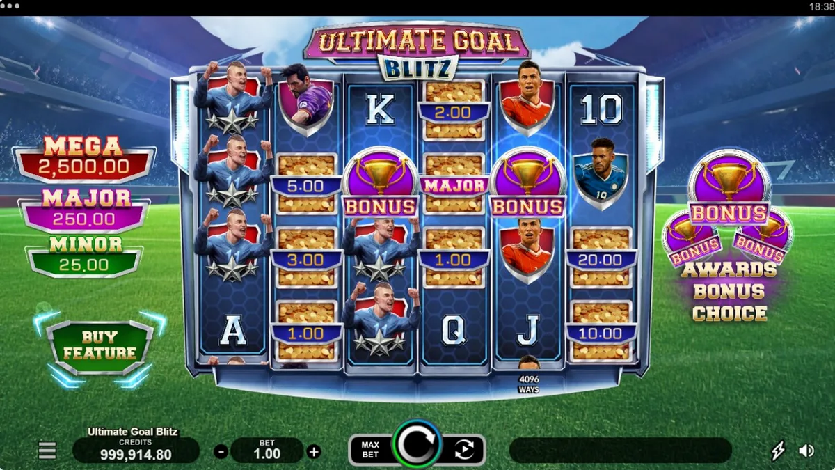 Tampilan visual lapangan sepak bola dan simbol pemain dalam slot Ultimate Goal Blitz